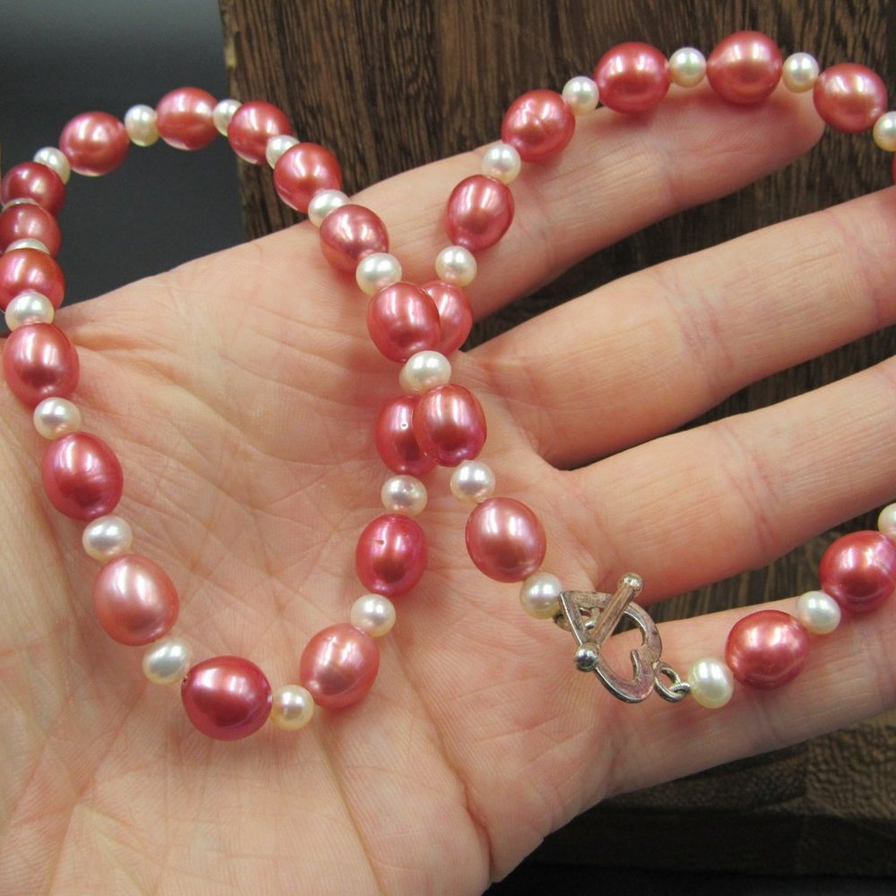 18" Sterling Silver Real Large Red Pearl Necklace - Picture 2 of 5